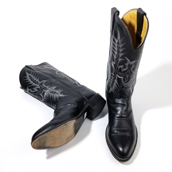 Tony Lama Black Smooth Leather Western Roper Cowboy Vaquero Boots - Picture 2 of 11